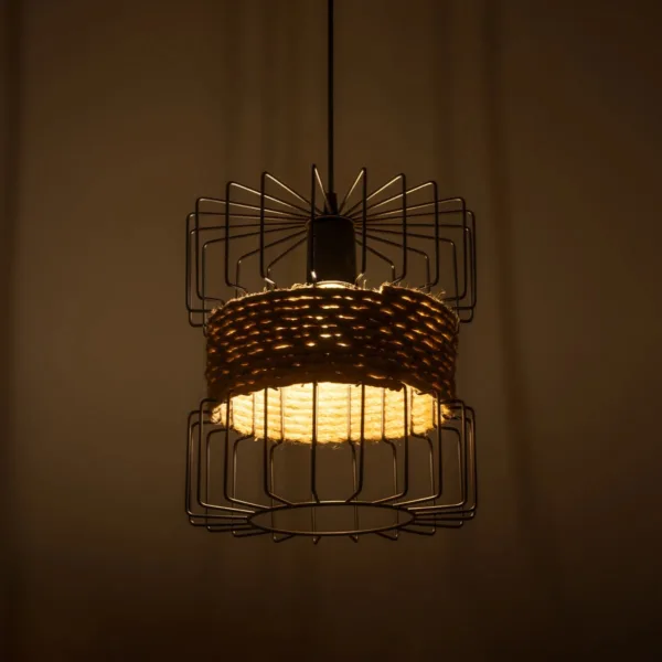 GloboStar® ORB 201-0096 Vintage Κρεμαστό Φωτιστικό Πλέγμα Μονόφωτο 1 x E27 IP20 Μαύρο Μέταλλο με Μπεζ Σχοινί - Μ28 x Π28 x Υ80cm - Image 2