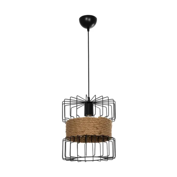 GloboStar® ORB 201-0096 Vintage Κρεμαστό Φωτιστικό Πλέγμα Μονόφωτο 1 x E27 IP20 Μαύρο Μέταλλο με Μπεζ Σχοινί - Μ28 x Π28 x Υ80cm - Image 3
