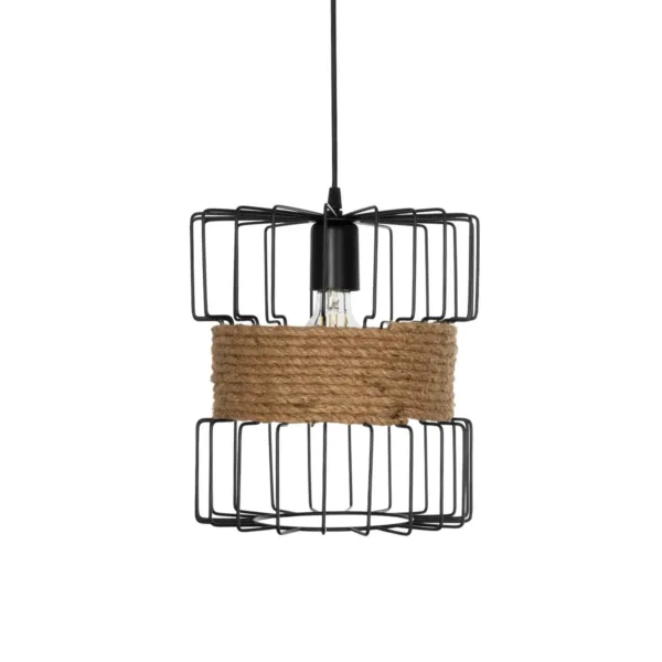 GloboStar® ORB 201-0096 Vintage Κρεμαστό Φωτιστικό Πλέγμα Μονόφωτο 1 x E27 IP20 Μαύρο Μέταλλο με Μπεζ Σχοινί - Μ28 x Π28 x Υ80cm - Image 4