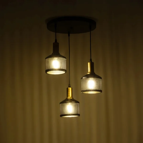GloboStar® RADIANT 201-0097 Vintage Κρεμαστό Φωτιστικό Πλέγμα Τρίφωτο 3 x E27 IP20 Μαύρο & Χρυσό Μέταλλο - Μ30 x Π30 x Υ80cm - Image 2