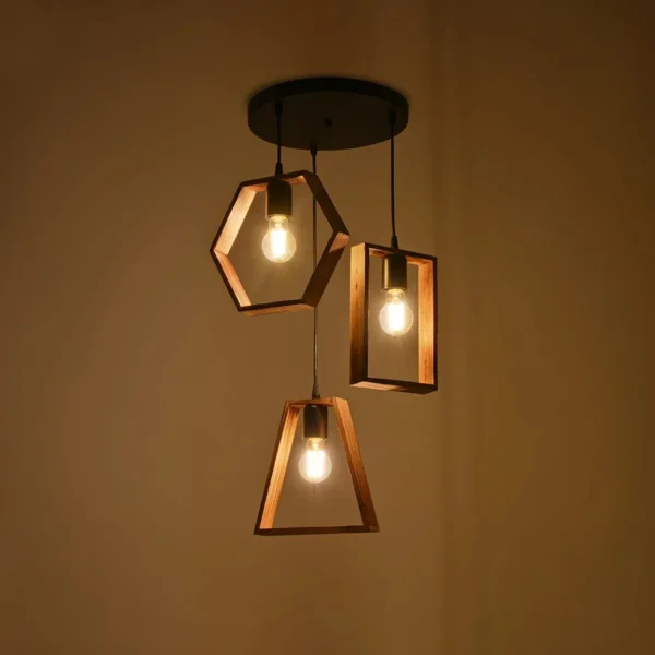 GloboStar® EMBER 201-0102 Vintage Κρεμαστό Φωτιστικό Φιγούρα Τρίφωτο 3 x E27 IP20 Μαύρο Μέταλλο με Καρυδί Ξύλο - Μ35 x Π40 x Υ70cm - Image 2