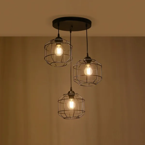 GloboStar® RAYNO 201-0108 Vintage Κρεμαστό Φωτιστικό Πλέγμα Τρίφωτο 3 x E27 IP20 Μαύρο Μέταλλο - Μ40 x Π40 x Υ60cm - Image 2