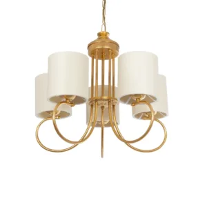 GloboStar® TRITON 203-0254 Vintage Κρεμαστό Φωτιστικό Καπέλο Πολύφωτο 5 x E27 IP20 Χρυσό Μέταλλο με Μπέζ Ύφασμα - Μ50 x Π50 x Υ48cm