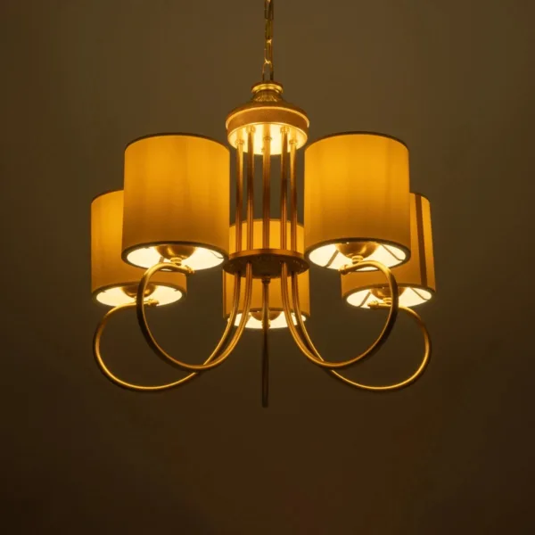 GloboStar® TRITON 203-0254 Vintage Κρεμαστό Φωτιστικό Καπέλο Πολύφωτο 5 x E27 IP20 Χρυσό Μέταλλο με Μπέζ Ύφασμα - Μ50 x Π50 x Υ48cm - Image 2