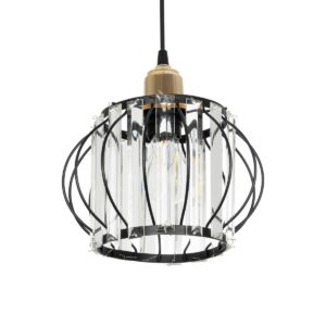 GloboStar® LUCERO 201-0078 Vintage Κρεμαστό Φωτιστικό Πλέγμα Μονόφωτο 1 x E27 IP20 Μαύρο και Χρυσό Μέταλλο - Μ16 x Π16 x Υ70cm