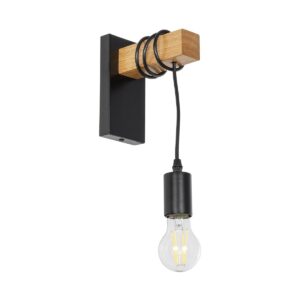 GloboStar® KELA 00880 Μοντέρνο Επιτοίχιο Φωτιστικό Απλίκα Μονόφωτο 1 x E27 IP20 Μαύρο Μέταλλο με Μπεζ Ξύλο - Μ6.5 x Π18 x Υ30cm
