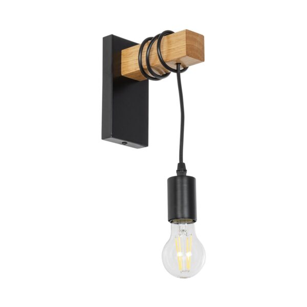 GloboStar® KELA 00880 Μοντέρνο Επιτοίχιο Φωτιστικό Απλίκα Μονόφωτο 1 x E27 IP20 Μαύρο Μέταλλο με Μπεζ Ξύλο - Μ6.5 x Π18 x Υ30cm