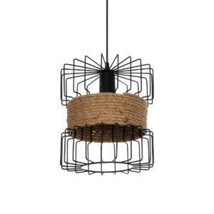 GloboStar® ORB 201-0096 Vintage Κρεμαστό Φωτιστικό Πλέγμα Μονόφωτο 1 x E27 IP20 Μαύρο Μέταλλο με Μπεζ Σχοινί - Μ28 x Π28 x Υ80cm