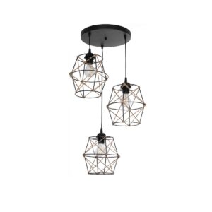 GloboStar® RAYLO 201-0048 Vintage Κρεμαστό Φωτιστικό Πλέγμα Τριφωτο 3 x E27 IP20 Mεταλλικό Μαύρο με Μπεζ Σχοινί - Μ30 x Π30 x Υ70cm