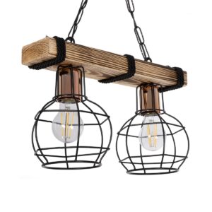 GloboStar® STARLO 201-0005 Vintage Κρεμαστό Φωτιστικό Ράγα Δίφωτο 2 x E27 IP20 Μπεζ Ξύλο με Μαύρο Μέταλλο - Μ40 x Π15x Υ65cm