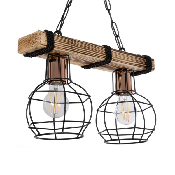 GloboStar® STARLO 201-0005 Vintage Κρεμαστό Φωτιστικό Ράγα Δίφωτο 2 x E27 IP20 Μπεζ Ξύλο με Μαύρο Μέταλλο - Μ40 x Π15x Υ65cm