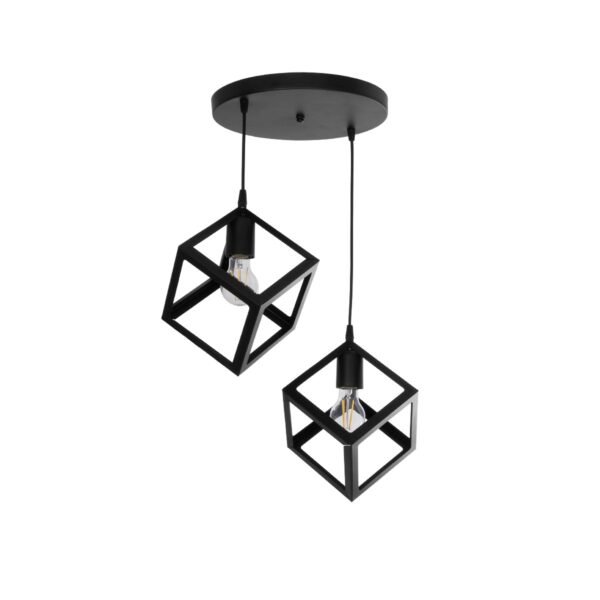 GloboStar® DISE 201-0050 Μοντέρνο Κρεμαστό Φωτιστικό Κύβος Δίφωτο 2 x E27 IP20 Μαύρο Μέταλλο - Μ30 x Π30 x Υ70cm