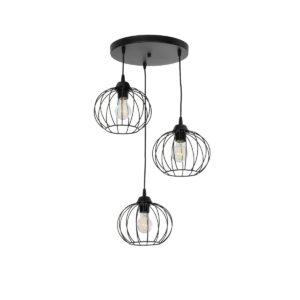 GloboStar® FLAMIA 201-0109 Vintage Κρεμαστό Φωτιστικό Πλέγμα Τρίφωτο 3 x E27 IP20 Μαύρο Μέταλλο - Μ40 x Π40 x Υ60cm