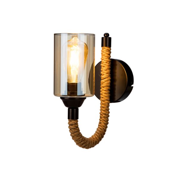 GloboStar® RIFT 203-0002 Vintage Επιτοίχιο Φωτιστικό Απλίκα Σχοινί Μονόφωτο 1 x E27 IP20 Μαύρο Μέταλλο με Μπεζ Σχοινί με Φιμέ Γυαλί - Μ22.5 x Π22.5 x Υ28.5cm