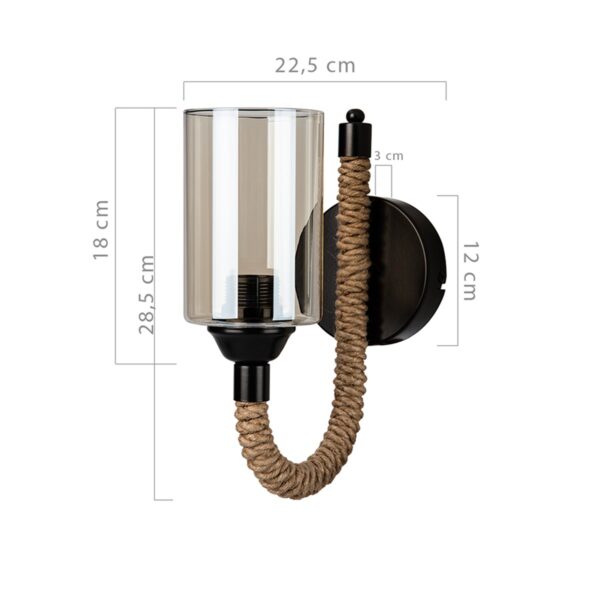 GloboStar® RIFT 203-0002 Vintage Επιτοίχιο Φωτιστικό Απλίκα Σχοινί Μονόφωτο 1 x E27 IP20 Μαύρο Μέταλλο με Μπεζ Σχοινί με Φιμέ Γυαλί - Μ22.5 x Π22.5 x Υ28.5cm - Image 2