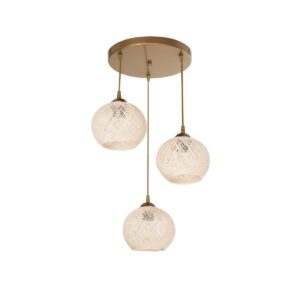 GloboStar® ILLUMIO 201-0027 Vintage Κρεμαστό Φωτιστικό Μπάλα Τρίφωτο 3 x E27 IP20 Χρυσό Μέταλλο με Μπεζ Σχοινί - Μ30 x Π30 x Υ70cm