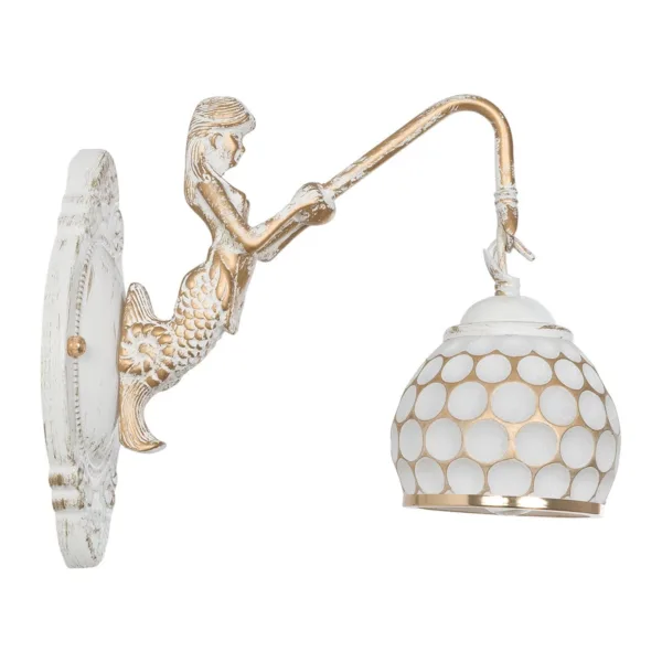 GloboStar® MERMAID 01317 Vintage Επιτοίχιο Φωτιστικό Απλίκα Μονόφωτο 1 x E27 IP20 Λευκό Γυαλί με Λευκό & Χρυσό Μέταλλο - Μ12.5 x Π28 x Υ27cm - Image 4