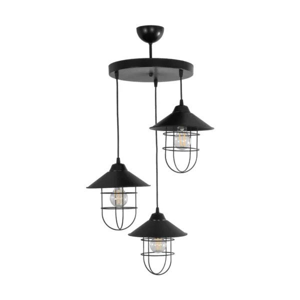 GloboStar® CAGE 203-0097 Vintage Κρεμαστό Φωτιστικό Καμπάνα Τρίφωτο 3 x E27 IP20 Μαύρο Μέταλλο - Μ30 x Π30 x Υ80cm - Image 3