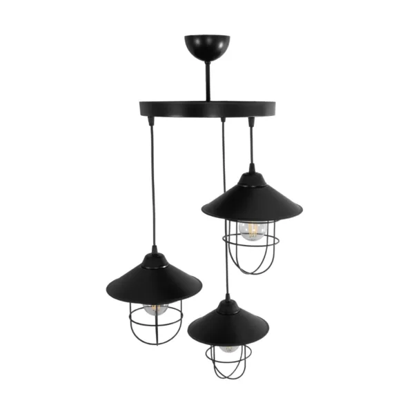 GloboStar® CAGE 203-0097 Vintage Κρεμαστό Φωτιστικό Καμπάνα Τρίφωτο 3 x E27 IP20 Μαύρο Μέταλλο - Μ30 x Π30 x Υ80cm - Image 5