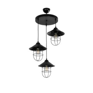 GloboStar® CAGE 203-0097 Vintage Κρεμαστό Φωτιστικό Καμπάνα Τρίφωτο 3 x E27 IP20 Μαύρο Μέταλλο - Μ30 x Π30 x Υ80cm