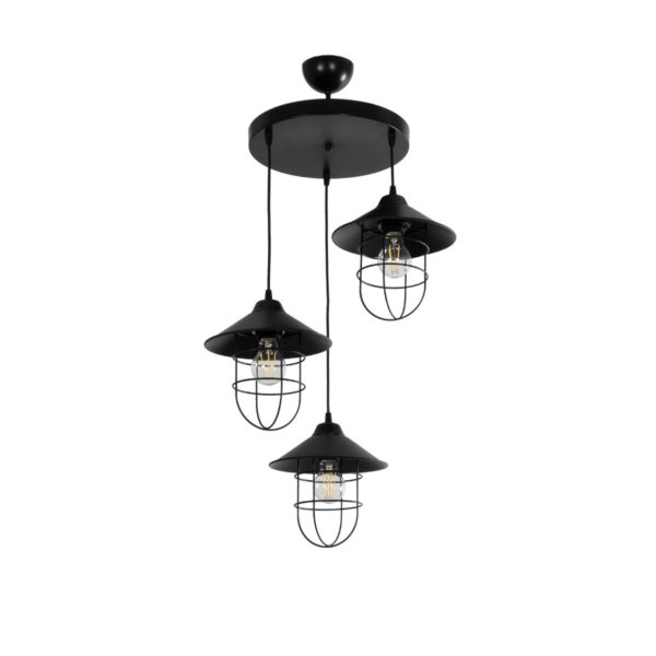 GloboStar® CAGE 203-0097 Vintage Κρεμαστό Φωτιστικό Καμπάνα Τρίφωτο 3 x E27 IP20 Μαύρο Μέταλλο - Μ30 x Π30 x Υ80cm