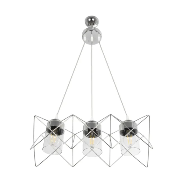 GloboStar® PLEX 202-0039 Μοντέρνο Κρεμαστό Φωτιστικό Πλέγμα Τρίφωτο 3 x E27 IP20 Ασημί Μέταλλο με Διάφανο Γυαλί - Μ55 x Π20 x Υ70cm - Image 4