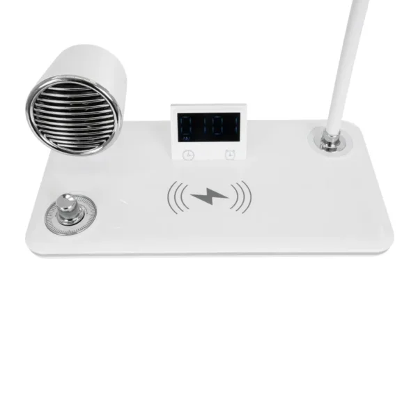 GLOBOSTAR® OLDY 76557 Μοντέρνο Επιτραπέζιο Φωτιστικό Γραφείου με Ασύρματη Φόρτιση 15W 3A, 5W Bluetooth Ηχείο & Ψηφιακό Ρολόι LED 3W 300lm 120° DC 5V με USB-C IP20 Ρυθμιζόμενο Λευκό CCT με Αφή 2700K/4500K/6000K Dimmable - Sanan SMD Chip - Λευκό - Μ13 x Π25 x Υ38cm - 2 Χρόνια Εγγύηση - Image 6