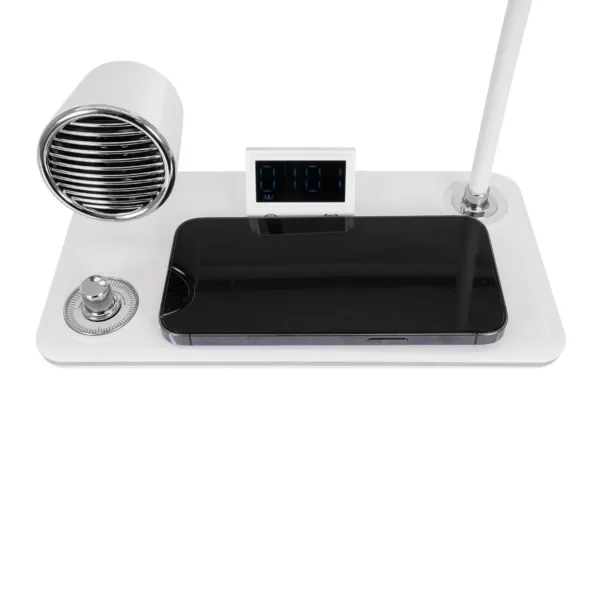 GLOBOSTAR® OLDY 76557 Μοντέρνο Επιτραπέζιο Φωτιστικό Γραφείου με Ασύρματη Φόρτιση 15W 3A, 5W Bluetooth Ηχείο & Ψηφιακό Ρολόι LED 3W 300lm 120° DC 5V με USB-C IP20 Ρυθμιζόμενο Λευκό CCT με Αφή 2700K/4500K/6000K Dimmable - Sanan SMD Chip - Λευκό - Μ13 x Π25 x Υ38cm - 2 Χρόνια Εγγύηση - Image 7