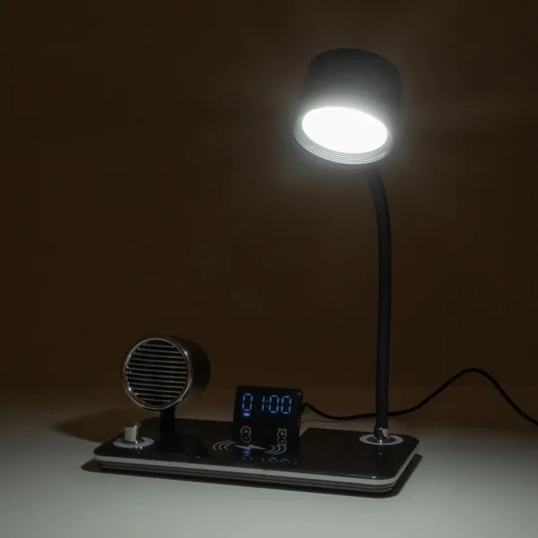 GLOBOSTAR® OLDY 76563 Μοντέρνο Επιτραπέζιο Φωτιστικό Γραφείου με Ασύρματη Φόρτιση 15W 3A, 5W Bluetooth Ηχείο & Ψηφιακό Ρολόι LED 3W 300lm 120° DC 5V με USB-C IP20 Ρυθμιζόμενο Λευκό CCT με Αφή 2700K/4500K/6000K Dimmable - Sanan SMD Chip - Μαύρο - Μ13 x Π25 x Υ38cm - 2 Χρόνια Εγγύηση - Image 12