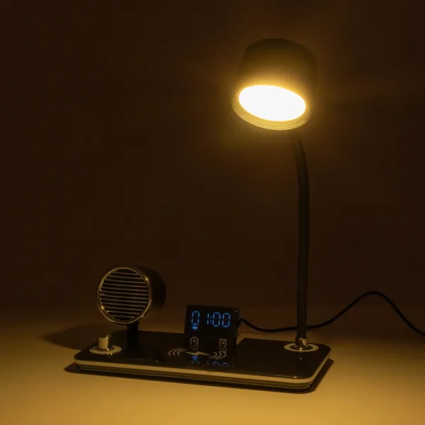 GLOBOSTAR® OLDY 76563 Μοντέρνο Επιτραπέζιο Φωτιστικό Γραφείου με Ασύρματη Φόρτιση 15W 3A, 5W Bluetooth Ηχείο & Ψηφιακό Ρολόι LED 3W 300lm 120° DC 5V με USB-C IP20 Ρυθμιζόμενο Λευκό CCT με Αφή 2700K/4500K/6000K Dimmable - Sanan SMD Chip - Μαύρο - Μ13 x Π25 x Υ38cm - 2 Χρόνια Εγγύηση - Image 14