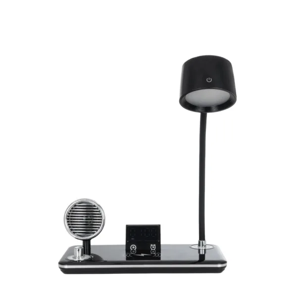 GLOBOSTAR® OLDY 76563 Μοντέρνο Επιτραπέζιο Φωτιστικό Γραφείου με Ασύρματη Φόρτιση 15W 3A, 5W Bluetooth Ηχείο & Ψηφιακό Ρολόι LED 3W 300lm 120° DC 5V με USB-C IP20 Ρυθμιζόμενο Λευκό CCT με Αφή 2700K/4500K/6000K Dimmable - Sanan SMD Chip - Μαύρο - Μ13 x Π25 x Υ38cm - 2 Χρόνια Εγγύηση - Image 2