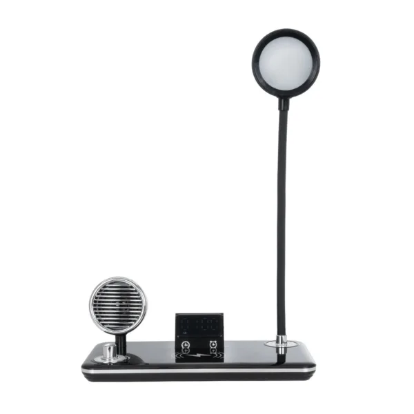 GLOBOSTAR® OLDY 76563 Μοντέρνο Επιτραπέζιο Φωτιστικό Γραφείου με Ασύρματη Φόρτιση 15W 3A, 5W Bluetooth Ηχείο & Ψηφιακό Ρολόι LED 3W 300lm 120° DC 5V με USB-C IP20 Ρυθμιζόμενο Λευκό CCT με Αφή 2700K/4500K/6000K Dimmable - Sanan SMD Chip - Μαύρο - Μ13 x Π25 x Υ38cm - 2 Χρόνια Εγγύηση - Image 3