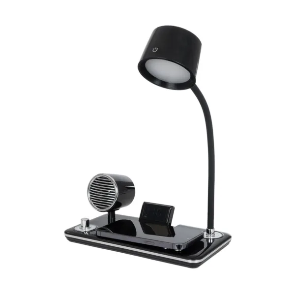 GLOBOSTAR® OLDY 76563 Μοντέρνο Επιτραπέζιο Φωτιστικό Γραφείου με Ασύρματη Φόρτιση 15W 3A, 5W Bluetooth Ηχείο & Ψηφιακό Ρολόι LED 3W 300lm 120° DC 5V με USB-C IP20 Ρυθμιζόμενο Λευκό CCT με Αφή 2700K/4500K/6000K Dimmable - Sanan SMD Chip - Μαύρο - Μ13 x Π25 x Υ38cm - 2 Χρόνια Εγγύηση - Image 4
