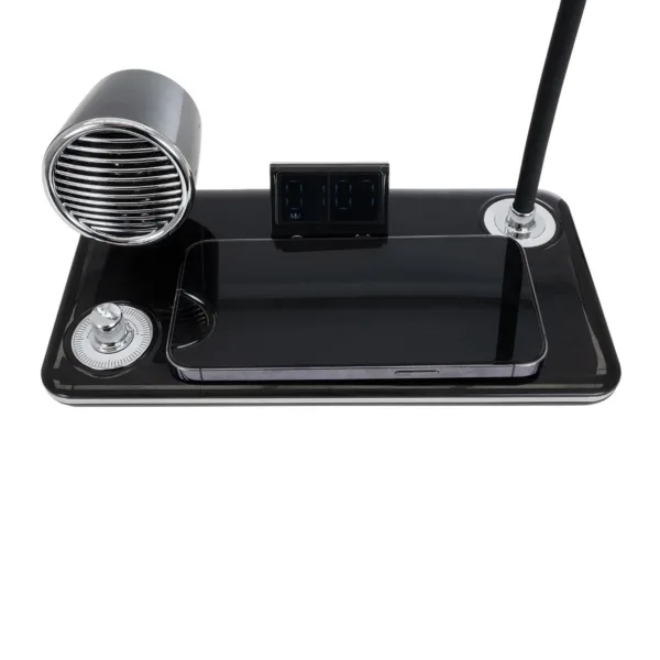 GLOBOSTAR® OLDY 76563 Μοντέρνο Επιτραπέζιο Φωτιστικό Γραφείου με Ασύρματη Φόρτιση 15W 3A, 5W Bluetooth Ηχείο & Ψηφιακό Ρολόι LED 3W 300lm 120° DC 5V με USB-C IP20 Ρυθμιζόμενο Λευκό CCT με Αφή 2700K/4500K/6000K Dimmable - Sanan SMD Chip - Μαύρο - Μ13 x Π25 x Υ38cm - 2 Χρόνια Εγγύηση - Image 7