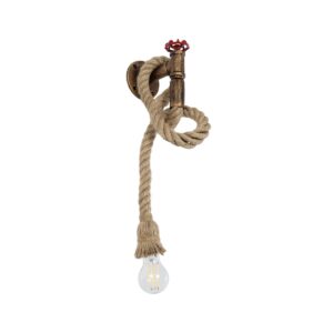GloboStar® TROUVER 01183 Vintage Επιτοίχιο Φωτιστικό Απλίκα Μονόφωτο 1 x E27 IP20 Μπρούτζινο & Κόκκινο Μέταλλο με Μπεζ Σχοινί Μ14.5 x Π3.3 x Υ16cm