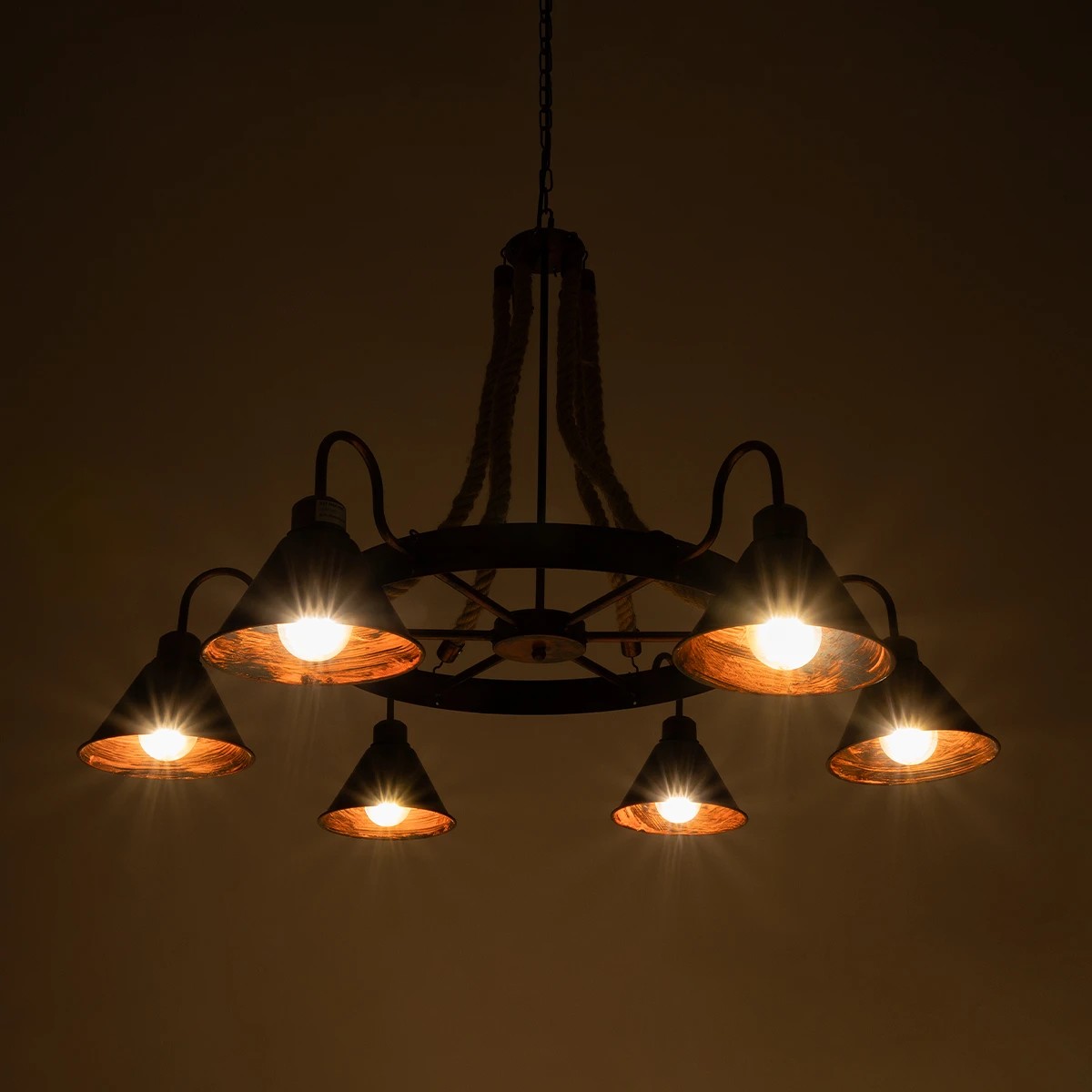 GloboStar® CAMELOT 10001191 Vintage Κρεμαστό Φωτιστικό Ανάρτηση Πολύφωτο 6 x E27 IP20 Χάλκινο Μέταλλο με Μπεζ Σχοινί - Μ92 x Π92 x Υ118cm