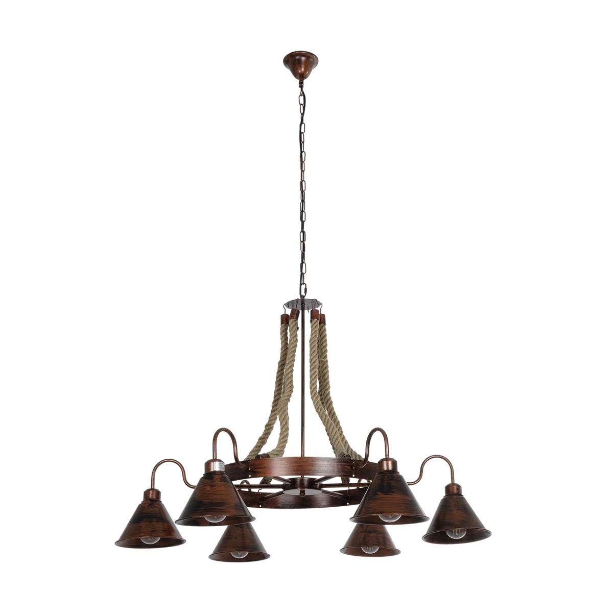 GloboStar® CAMELOT 10001191 Vintage Κρεμαστό Φωτιστικό Ανάρτηση Πολύφωτο 6 x E27 IP20 Χάλκινο Μέταλλο με Μπεζ Σχοινί - Μ92 x Π92 x Υ118cm - Image 2