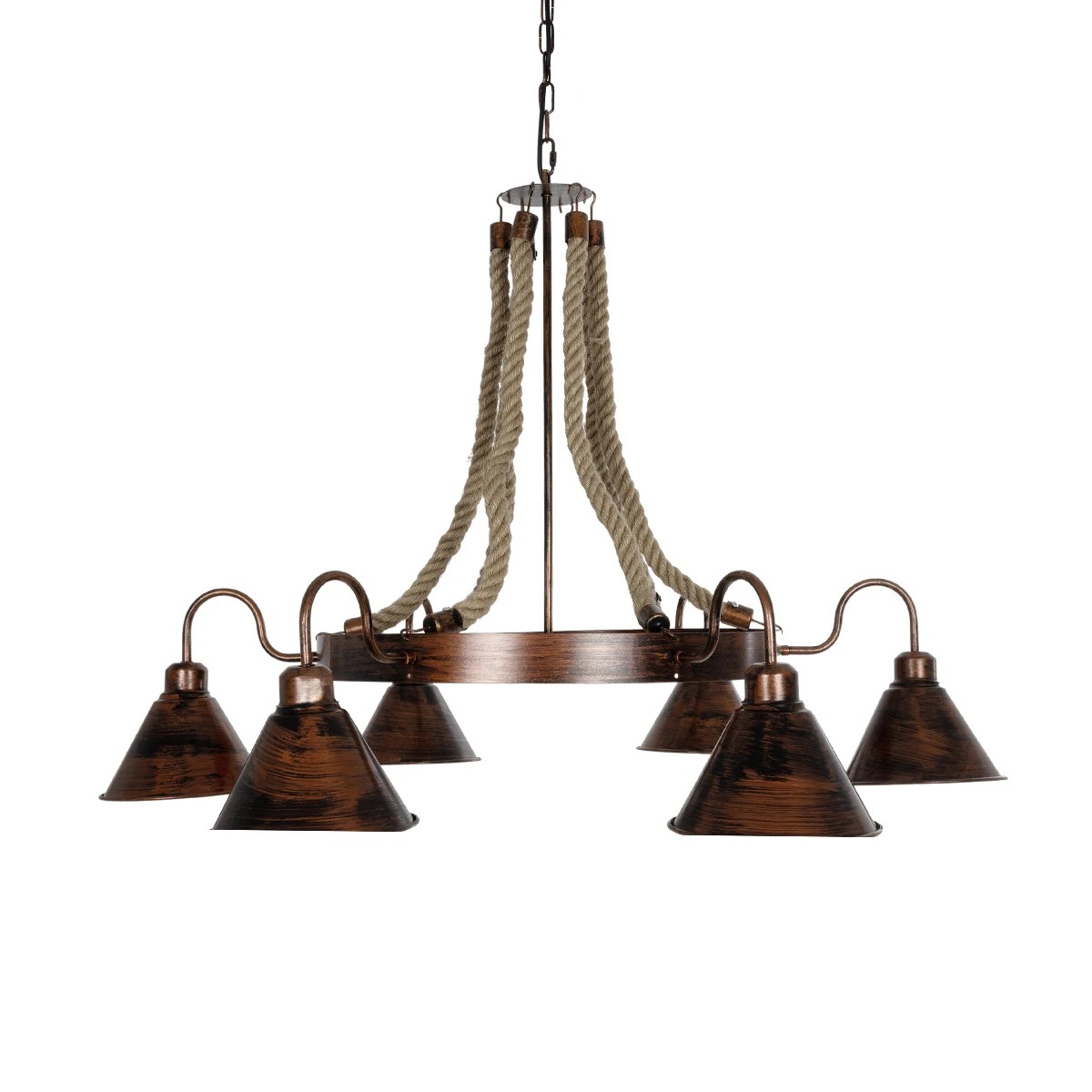 GloboStar® CAMELOT 10001191 Vintage Κρεμαστό Φωτιστικό Ανάρτηση Πολύφωτο 6 x E27 IP20 Χάλκινο Μέταλλο με Μπεζ Σχοινί - Μ92 x Π92 x Υ118cm - Image 3