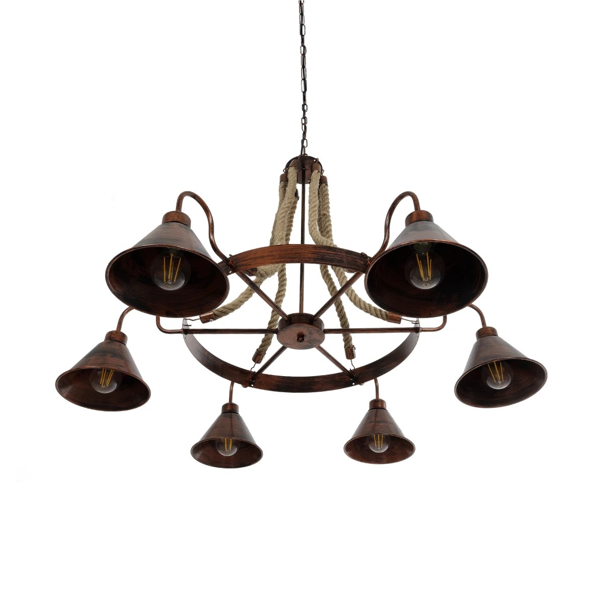 GloboStar® CAMELOT 10001191 Vintage Κρεμαστό Φωτιστικό Ανάρτηση Πολύφωτο 6 x E27 IP20 Χάλκινο Μέταλλο με Μπεζ Σχοινί - Μ92 x Π92 x Υ118cm - Image 4