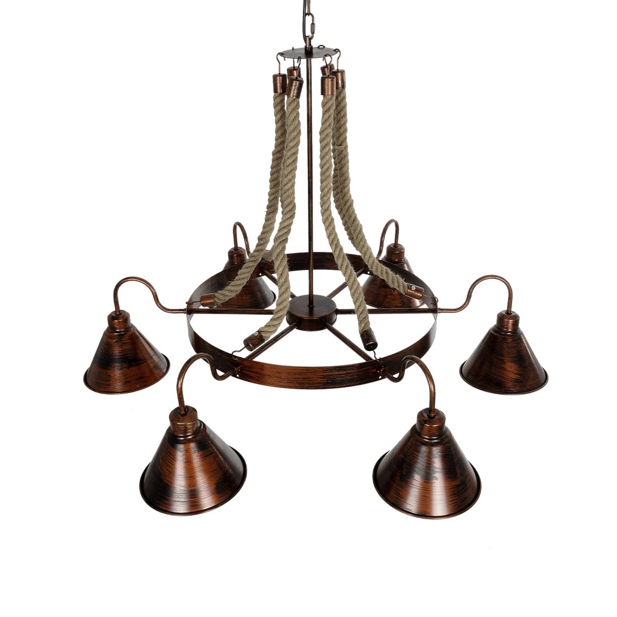 GloboStar® CAMELOT 10001191 Vintage Κρεμαστό Φωτιστικό Ανάρτηση Πολύφωτο 6 x E27 IP20 Χάλκινο Μέταλλο με Μπεζ Σχοινί - Μ92 x Π92 x Υ118cm - Image 5