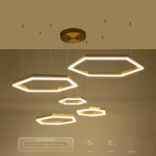 kelvo® LEXAGON 61398 Μοντέρνο Κρεμαστό Φωτιστικό Οροφής LED 120W 12000lm 200° AC 220-240V IP20 Ρυθμιζόμενο Λευκό CCT με Χειριστήριο από 2700K έως 6000K Dimmable - Lumileds SMD Chip - Χρυσό Βούρτσας - Μ110 x Π90 x Υ110cm - 3 Χρόνια Εγγύηση - Image 11
