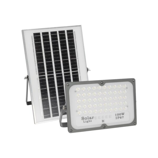 GLOBOSTAR® LUMOVOX 73067 Προβολέας LED 100W 5000lm 120° DC 5V με Φωτοβολταϊκό Panel 5V 8W & Επαναφορτιζόμενη Μπαταρία Li-ion 3.2V 5000mAh Αδιάβροχο IP65 Ψυχρό Λευκό 6000K - 120 x SMD2835 Sanan Chip - Γκρι Ανθρακί - Μ24.5 x Π0 x Υ15.8cm - 2 Χρόνια Εγγύηση