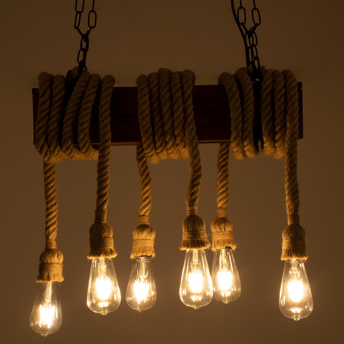 GloboStar® VIKING 00606 Vintage Κρεμαστό Φωτιστικό Ανάρτηση Πολύφωτο 6 x E27 IP20 Μαύρο Μέταλλο, Καφε Ξύλο με Μπεζ Σχοινί - Μ53 x Π11 x Υ96cm έως Y220cm max - Image 2