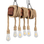 GloboStar® VIKING 00606 Vintage Κρεμαστό Φωτιστικό Ανάρτηση Πολύφωτο 6 x E27 IP20 Μαύρο Μέταλλο, Καφε Ξύλο με Μπεζ Σχοινί - Μ53 x Π11 x Υ96cm έως Y220cm max - Image 3