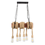 GloboStar® VIKING 00606 Vintage Κρεμαστό Φωτιστικό Ανάρτηση Πολύφωτο 6 x E27 IP20 Μαύρο Μέταλλο, Καφε Ξύλο με Μπεζ Σχοινί - Μ53 x Π11 x Υ96cm έως Y220cm max - Image 4