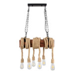 GloboStar® VIKING 00606 Vintage Κρεμαστό Φωτιστικό Ανάρτηση Πολύφωτο 6 x E27 IP20 Μαύρο Μέταλλο, Καφε Ξύλο με Μπεζ Σχοινί - Μ53 x Π11 x Υ96cm έως Y220cm max - Image 7