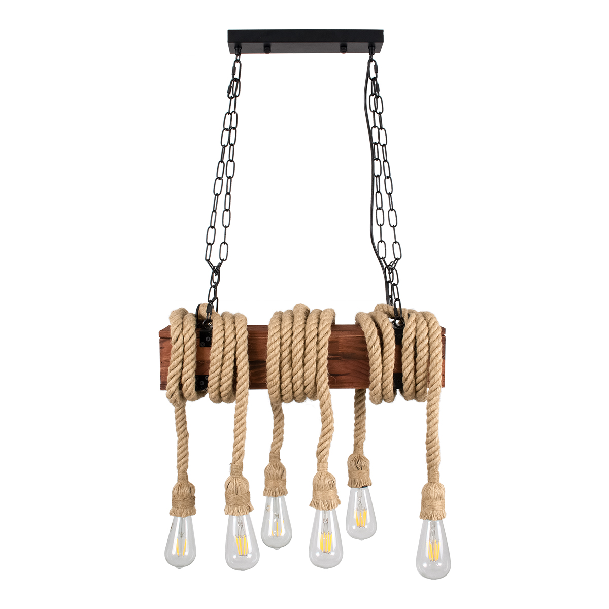 GloboStar® VIKING 00606 Vintage Κρεμαστό Φωτιστικό Ανάρτηση Πολύφωτο 6 x E27 IP20 Μαύρο Μέταλλο, Καφε Ξύλο με Μπεζ Σχοινί - Μ53 x Π11 x Υ96cm έως Y220cm max - Image 7