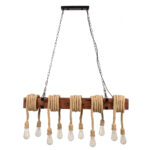 GloboStar® VIKING 00607 Vintage Κρεμαστό Φωτιστικό Ανάρτηση Πολύφωτο 10 x E27 Μαύρο Μέταλλο, Καφε Ξύλο με Μπεζ Σχοινί - Μ108 x Π11 x Υ96cm έως Y220cm max - Image 7