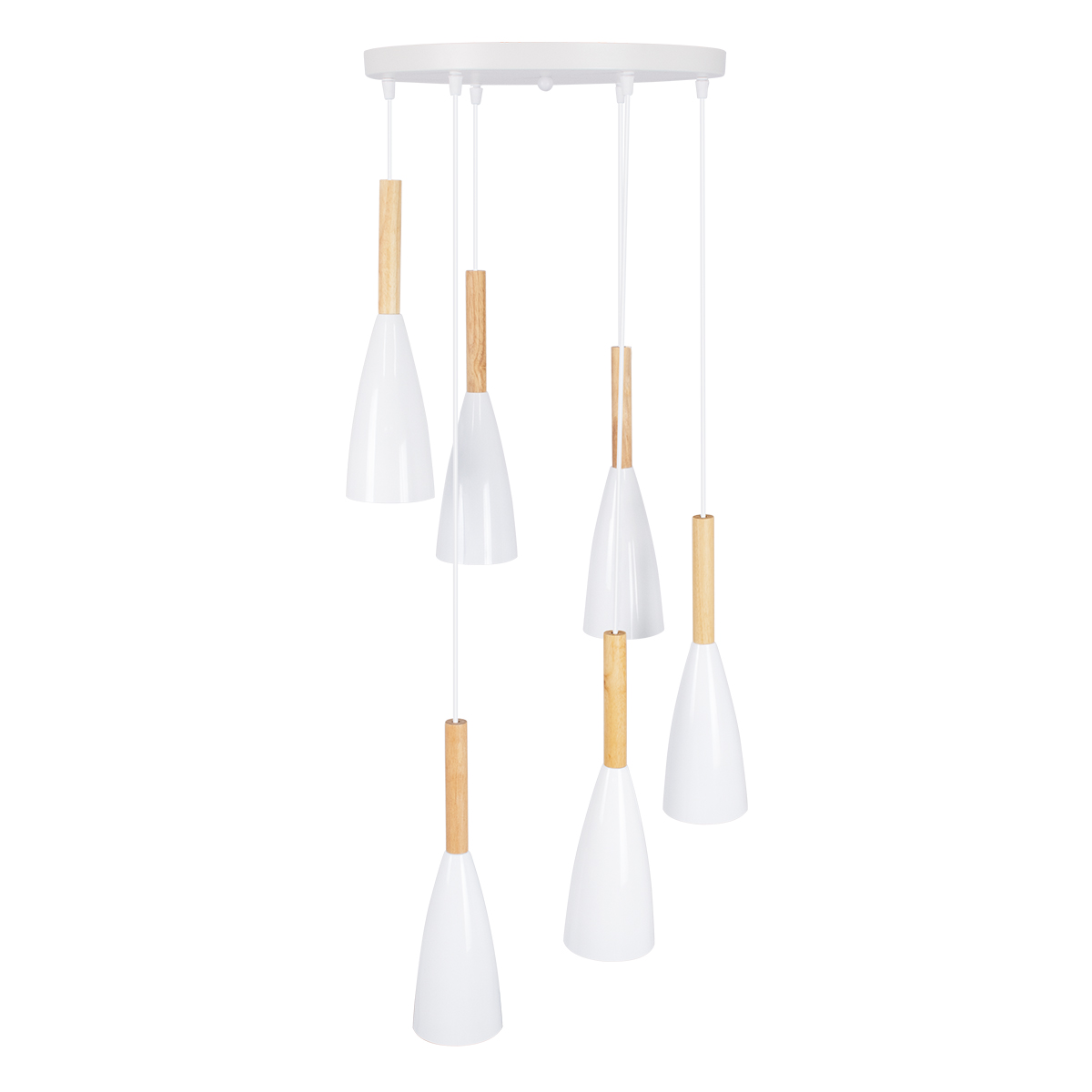 GloboStar® DILLON 00629 Μοντέρνο Κρεμαστό Φωτιστικό Καμπάνα Πολύφωτο 6 x E27 IP20 Λευκό Μέταλλο με Μπεζ Ξύλο - Μ52 x Π52 x Y130cm - Image 3