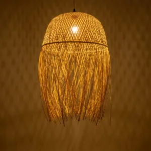 GloboStar® MANILA 00713 Boho Κρεμαστό Φωτιστικό Πλέγμα Μονόφωτο 1 x E27 IP20 Μπέζ Ξύλο - Μ50 x Π50 x Υ70cm